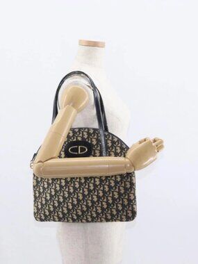 Christian Dior Trotter Canvas Hand Bag Navy Gold Auth 160843